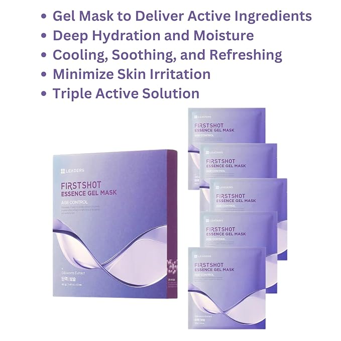 LEADERS FirstShot Essence Gel Mask Age Control - Anti-Aging, Hydrating & Regenerating Hydrogel Mask to Rejuvenate & Revitalize Skin | Age Control with Silkworm Extract for Youthful Skin - 5 Pack