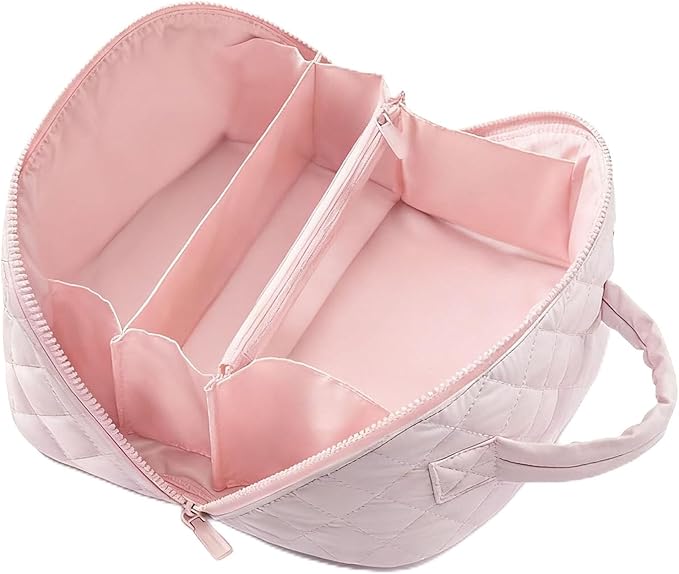 Petition Makeup Bag, 180° Open Lay-Flat Cosmetic Case, Large Capacity Compartment Makeup Bag, Lightweight, Soft and Fashion for Bottles & Brushes (Pink)