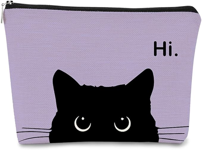 Cute Cat Makeup Bag, Black Kitty Cosmetic Pouch - Retro Stripes