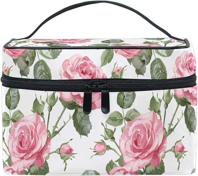 Makeup Train Case Leaves Flower Rose Pattern Carrying Portable Zip Travel Cosmetic Brush Bag Organizer Large for Women