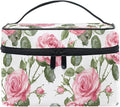 Makeup Train Case Leaves Flower Rose Pattern Carrying Portable Zip Travel Cosmetic Brush Bag Organizer Large for Women
