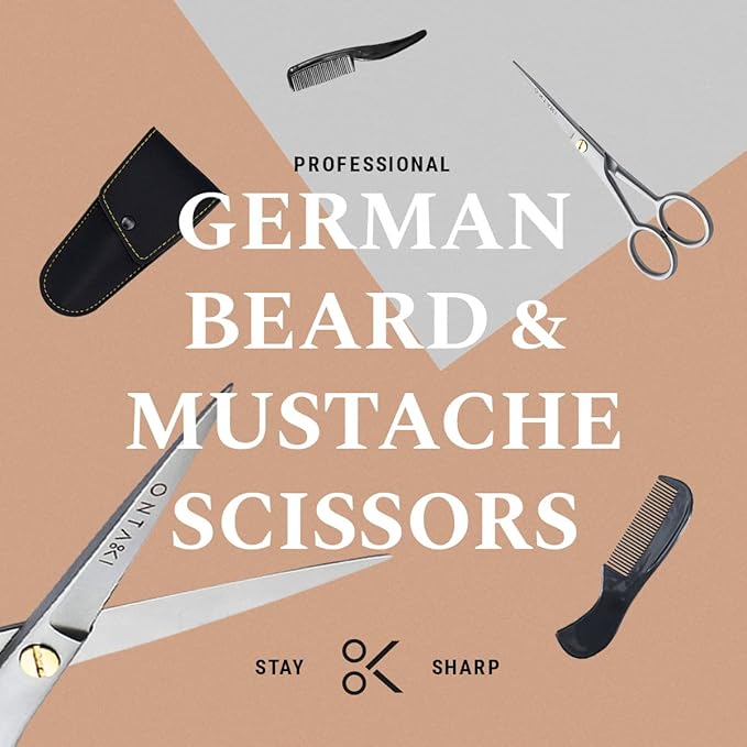 Ontaki German Steel Beard Scissors - 5-Inch, Silver, 1 Count - Beard Grooming Shears & Mustache Trimming Kit with Comb & Pouch, Airplane Friendly, Hand-Forged 410C Steel, Finger Rest