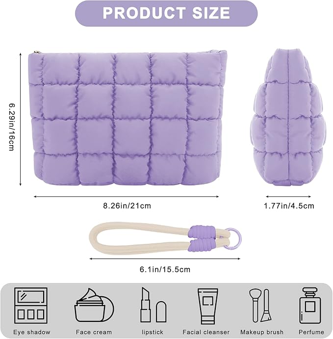 DOB SECHS Puffer Quilted Makeup Bag with Handle Detachable Cute Puffy Cotton Cosmetic Bag, Small Toiletry Zipper Make Up Pouch Purse, Checkered Clutch Bag, Travel Storage Organizer Case, Purple
