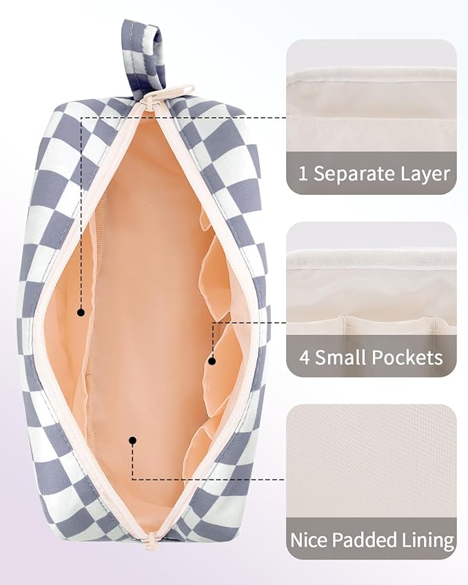 Narwey Checkered Makeup Bag Travel Cosmetic Bag Organizer Small Toiletry Bag Make Up Bags with Organzied Pockets for Women (Grayish Blue Checkerboard, Large)
