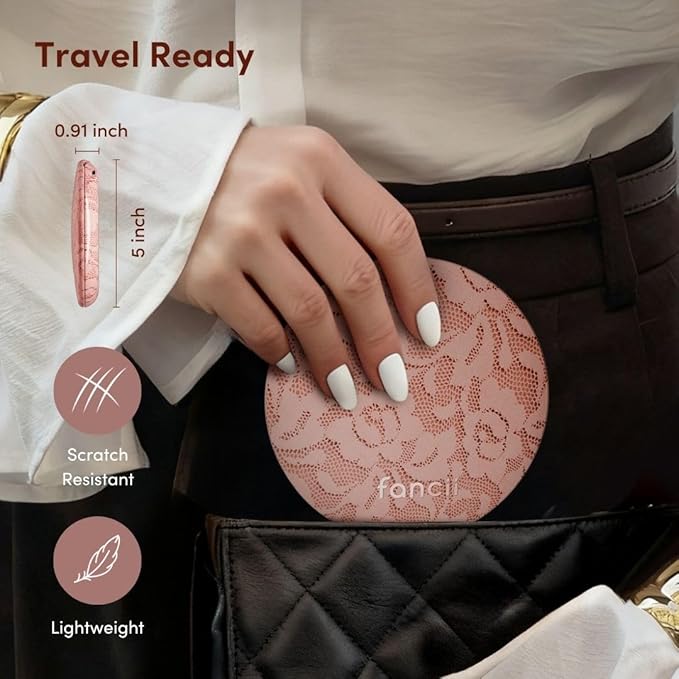 Fancii Taylor LED Lighted Travel Makeup Mirror, Rechargeable, 10x /1x Magnifying, Tru-Glow Lighting System, XL Large 5” Wide | Compact Mirror for Purses (Mocha Lace)