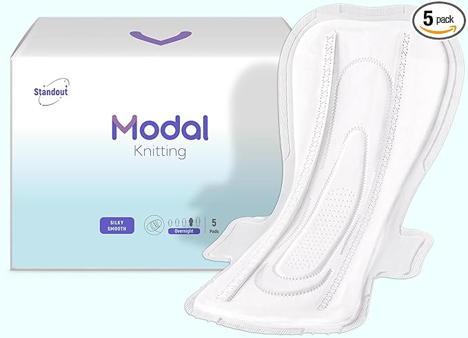 MODAL Heavy Flow Pads for Women Overnight, Unscented Sanitary Pads for Period with Wings, 14.1 Inch(360 mm), Overnight, 5 Count