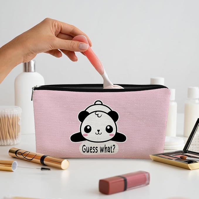 Panda Gifts Pink Makeup Bag, Cute Baby Panda Guess What It's Pug Butt Cosmetic Bag, Travel Toiletry Bag for Daughter, Canvas Zipper Pouch