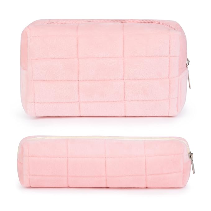 SOIDRAM Checkered Cosmetic Bag - Plush Pink Makeup Pouch, Large Capacity, Travel Toiletry Bag Organizer with 1Pcs Makeup Brushes Storage