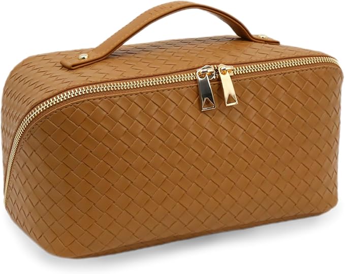 Travel Makeup Bag – Large Cosmetic Organizer with Waterproof PU Leather, Smooth Double Zipper & Tear-Resistant Lining, Toiletry Pouch for Women (Caramel)