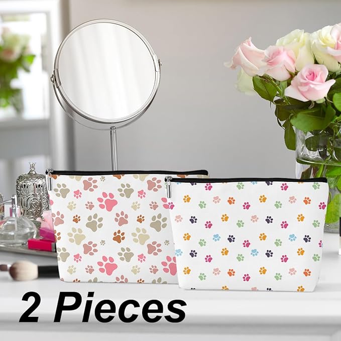 2 Pcs Colorful Dog Footprints Makeup Bag, Large Capacity Travel Makeup Case Cosmetic Bags for Women, Portable Pouch Purse Travel Essentials Toiletries Accessories, Christmas Birthday Gifts for Women