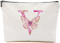 Initial Makeup Bag Pink Butterfly V Personalized Cosmetic Bag Monogrammed Gifts for Women Girls Bride Bridesmaid Monogram Zipper Pouch for Friendship Mothers Day Birthday Wedding Bridal Shower Gifts