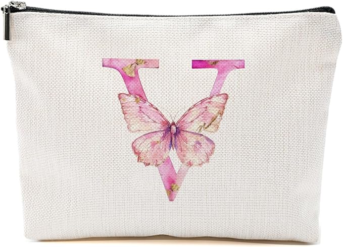 Initial Makeup Bag Pink Butterfly V Personalized Cosmetic Bag Monogrammed Gifts for Women Girls Bride Bridesmaid Monogram Zipper Pouch for Friendship Mothers Day Birthday Wedding Bridal Shower Gifts
