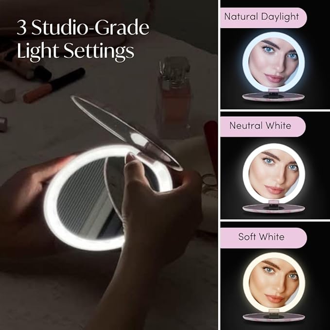 Fancii Taylor LED Lighted Travel Makeup Mirror, Rechargeable, 10x /1x Magnifying, Tru-Glow Lighting System, XL Large 5” Wide | Compact Mirror for Purses (Mocha Lace)