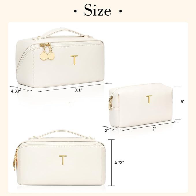 Birthday Gifts for Women Teen Girl, Personalized Initial Makeup Organizer Bag Set, Open Flat Travel Cosmetic Bag With Clear Divider and Handle(Beige,T)