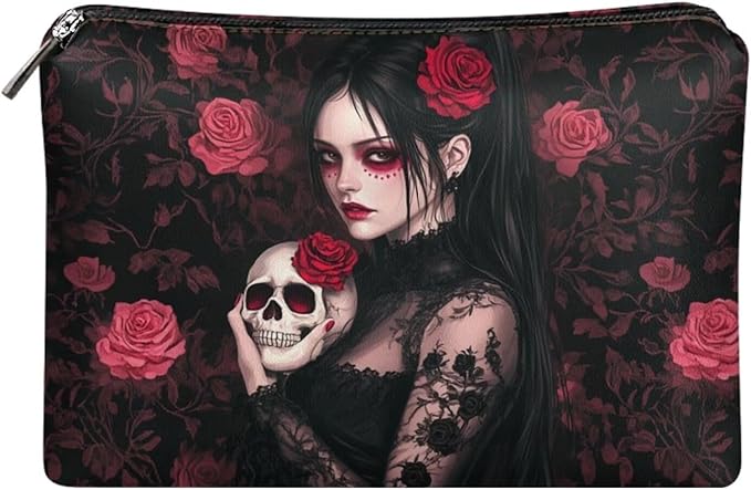COEQINE Gothic Cosmetic Wallet for Women With Phone Holder Purse Cosmetic Handbag With Soft Leather Cosmetic Case With Zipper for Travel Portable Red Skull Print Cell Phone Purse,Love Gift for Her