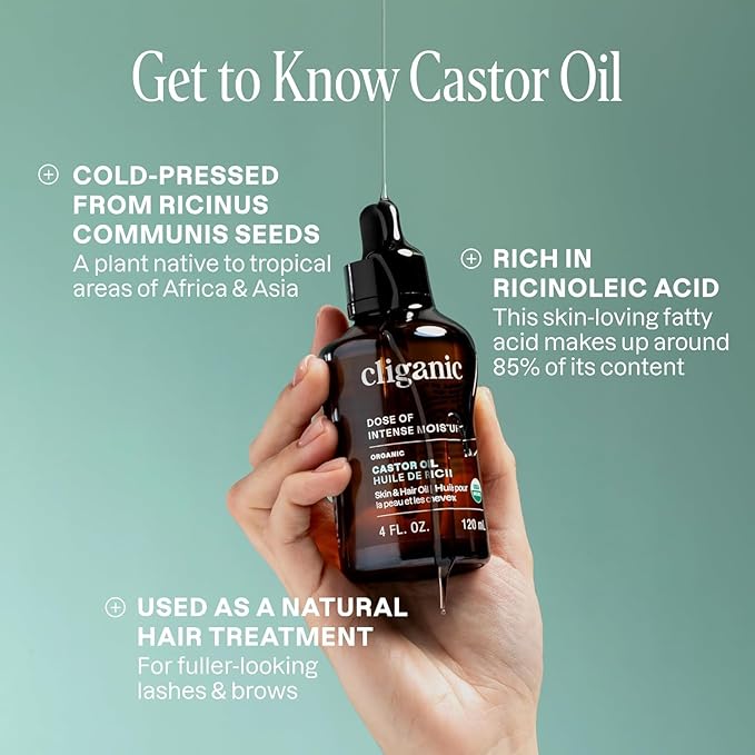 Cliganic Organic Castor Oil, 100% Pure (1oz Glass Bottle with Eyelash Kit) - For Eyelashes, Eyebrows, Hair & Skin (Packaging May Vary)