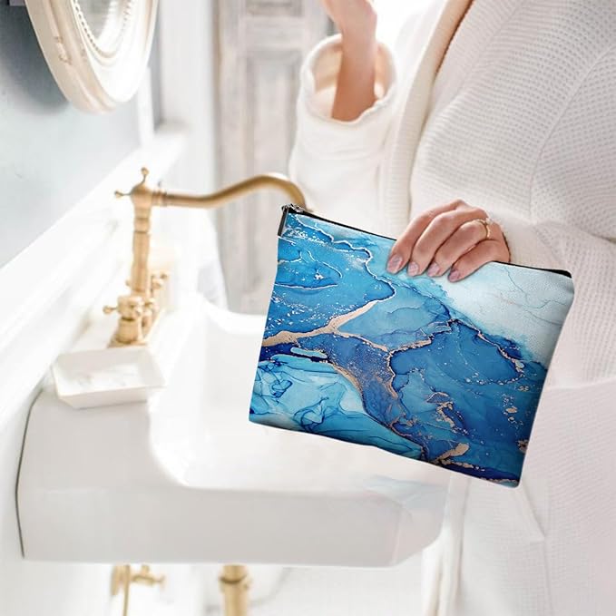 Small Makeup Bag for Purse Cute Canvas Waterproof Cosmetic Bags for Women Zipper Travel Toiletry Pouch-Blue Marble Makeup Bags