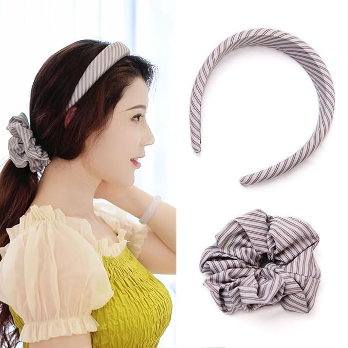Headband and Scrunchie Set for Women 2Pack Hair Ties for Girls Elastics Bands Ponytail Holder Hair Accessories Grey Stripe