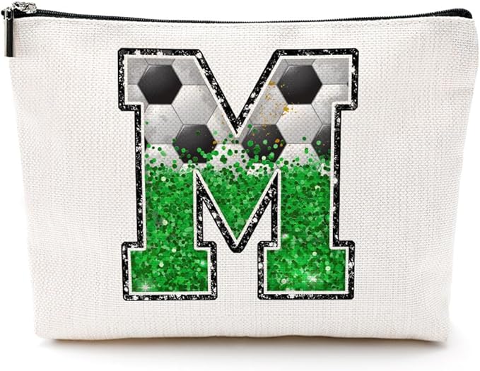 Soccer Gifts Initial Makeup Bag Monogrammed Cosmetic Bag Letter M Zipper Pouch Soccer Accessories for Girls Women Player Coach Friend Stuff Graduation Birthday Gifts