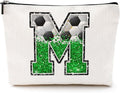 Soccer Gifts Initial Makeup Bag Monogrammed Cosmetic Bag Letter M Zipper Pouch Soccer Accessories for Girls Women Player Coach Friend Stuff Graduation Birthday Gifts