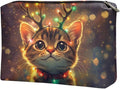 COEQINE Christmas Purse Pouches for Organizing Cute Cat Lights Deer Designer Large Cosmetic Bag for Womens Leather Zipper Pouch for Party Travel Holiday Handbag