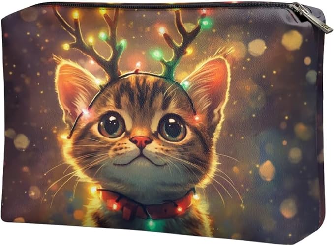 COEQINE Christmas Purse Pouches for Organizing Cute Cat Lights Deer Designer Large Cosmetic Bag for Womens Leather Zipper Pouch for Party Travel Holiday Handbag
