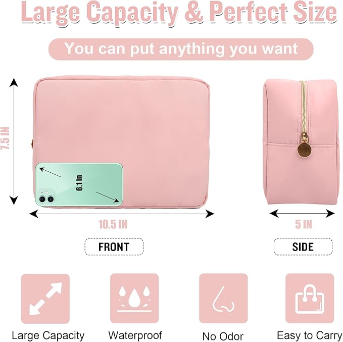 Nylon Large Makeup Bag Travel Pouch for Women, Preppy Big Pink Makeup Bag Cute Cosmetic Zipper Pouch Purse, DIY Chenille Letter Bag Waterproof Toiletry Bag Clutch Makeup Organizer for Women Girl(Pink)