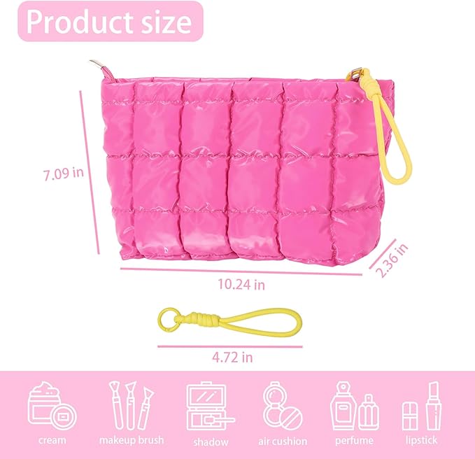 Puffer Quilted Makeup Bag Travel Cosmetic Bag Portable Puffy Checkered Toiletry Pouch Skincare Organizer Purse Pencil Case (Hot Pink)