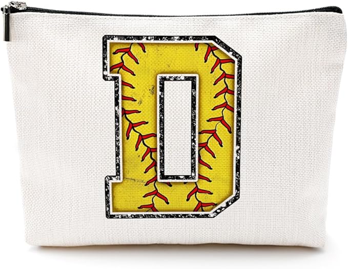 Monogrammed Cosmetic Bag - Initial Makeup Bag with D Zipper Pouch - Softball Accessories for Girls & Women - Graduation & Birthday Gifts
