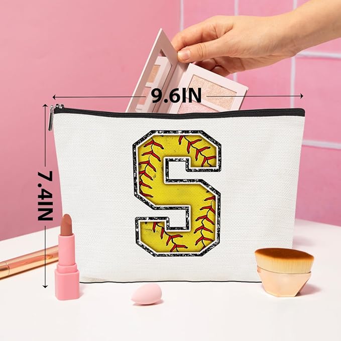 Softball Gifts Initial Monogrammed Cosmetic Bag, Makeup Bag, Travel Organizer, Zipper Pouch, Softball Accessories for Women, Girls, Coach, Friend, Graduation, Birthday Gifts