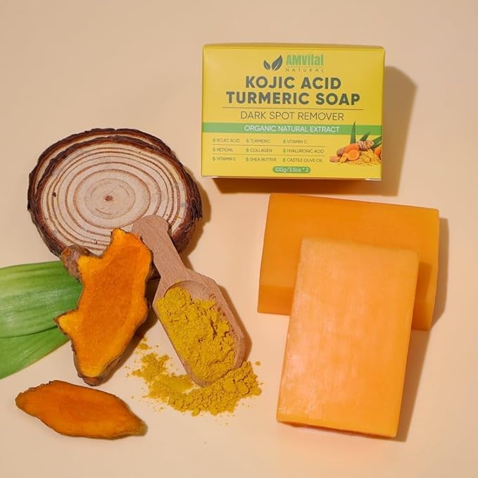 Turmeric Kojic Acid Soap Bars with Vitamin C, Retinol & Hyaluronic Acid – Face & Body Soap with Collagen & Shea Butter – 4-Pack Cleansing Bars for All Skin Types