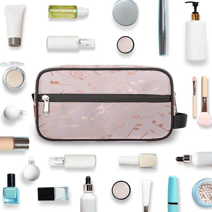 Modern Rose Gold Music Note Travel Toiletry Bag for Women Men Lightweight Cosmetic Makeup Bag Organizer Waterproof Shaving Bag Dopp Kit with Large Capacity for Toiletries and Shaving Accessories