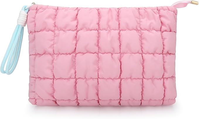 DOB SECHS Puffer Quilted Makeup Bag with Handle, Cute Puffy Cotton Cosmetic Bags for Women, Checkered Quilt Toiletry Zipper Pouch, Travel Essentials Storage Organizer Large Clutch Pouches Case, Pink