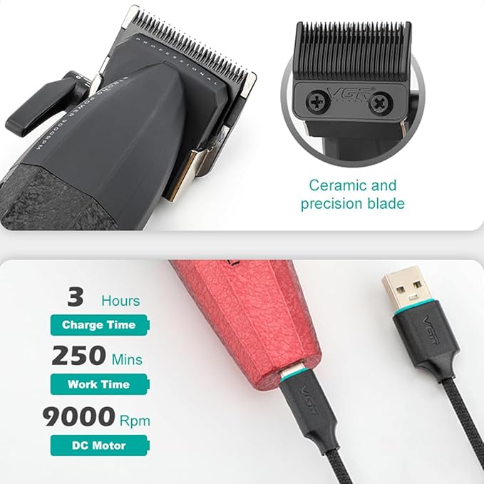 VGR 640 Professional Hair Clippers for Men, 9000RPM Cordless Barber Clippers and Trimmers Set, Zero Gap T-Blade Hair Cutting Kit, DLC Coated Ceramic Blade Barber Kit with LED Display(Red)