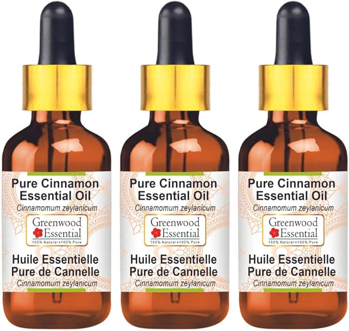 Greenwood Essential Pure Cinnamon Essential Oil (Cinnamomum zeylanicum) with Glass Dropper Steam Distilled (Pack of Three) 100ml X 3 (10.1oz)