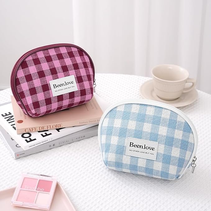 FAELBATY Checkered Makeup Bag, 3 Pack Large Travel Makeup Bag Set, Cosmetic Bag for Women (Blue)
