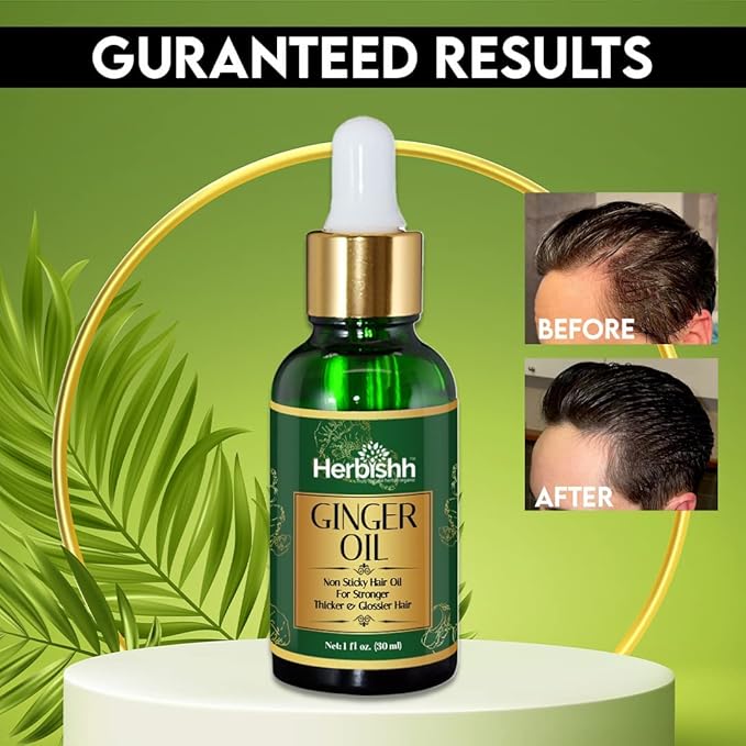 Herbishh Ginger Essential Oil (2 x 30ml) for Hair Growth, Non Sticky, Hair Growth Serum Oil for Thicker, Strong and Glossier Hair, with Dropper
