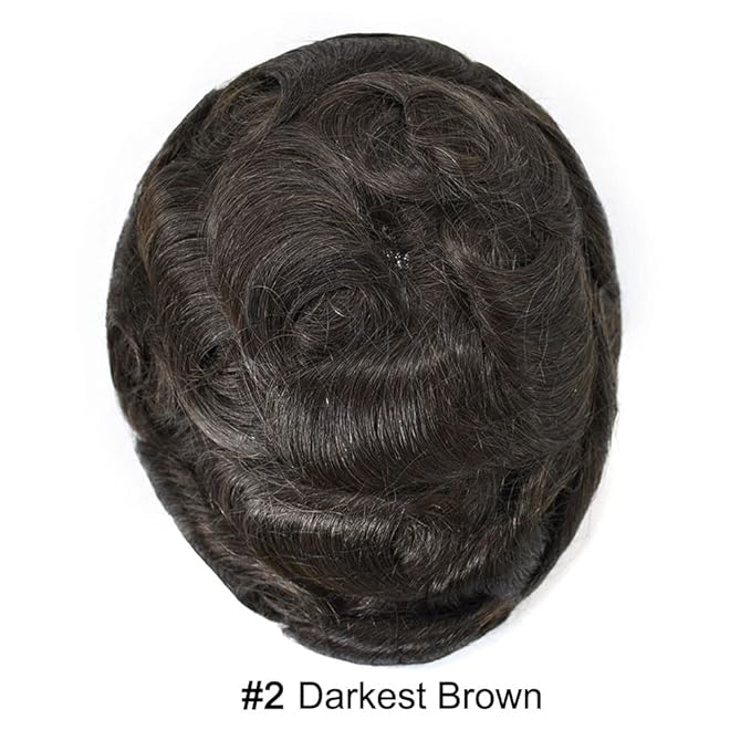 FACE MIRACLE Toupee for Men French Lace Hairpiece Human Hair Replacement System Skin PU Mens Toupee Hair Wigs for Man V-Looped Front Hair Prosthesis 5"X7" 2# DARKEST BROWN