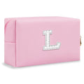 ChaoGreat Bride Gifts – Personalized Initial Makeup Bag with Pearl Rhinestone Patch, Preppy Pink Monogram Cosmetic/Toiletry Pouch, bridesmaid Gifts, Bridal Shower Gifts, Wedding Gifts, Bridal Gifts,L