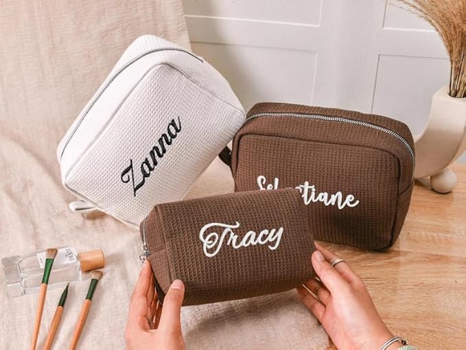 Personalized Embroidered Waffle Cosmetic Bags, Custom Thicken Beauty Makeup Packet Bag for Women Girls, Travel Makeup Pouch, Aesthetic Toiletry Case, Bridal Bridesmaid Party, Birthday, Wedding Gifts