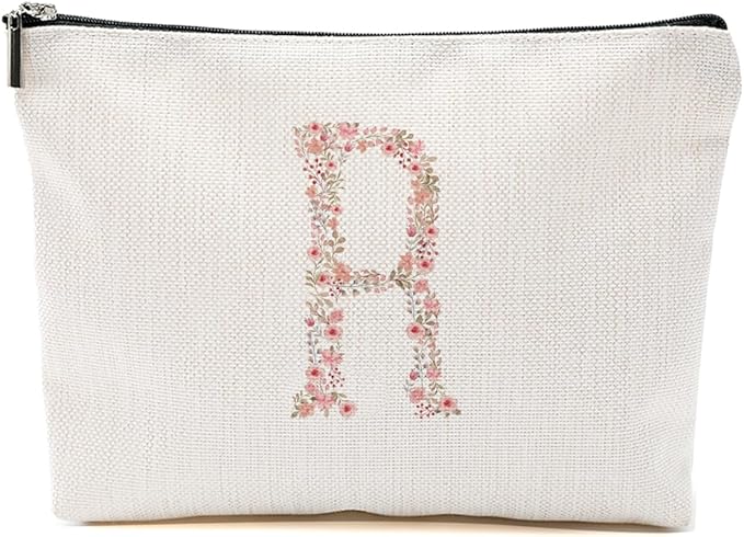 Initial Makeup Bag Floral R Personalized Cosmetic Bag Monogrammed Gifts for Women Girls Bride Bridesmaid Monogram Zipper Pouch for Teacher Appreciation Mothers Day Birthday Wedding Bridal Shower Gifts