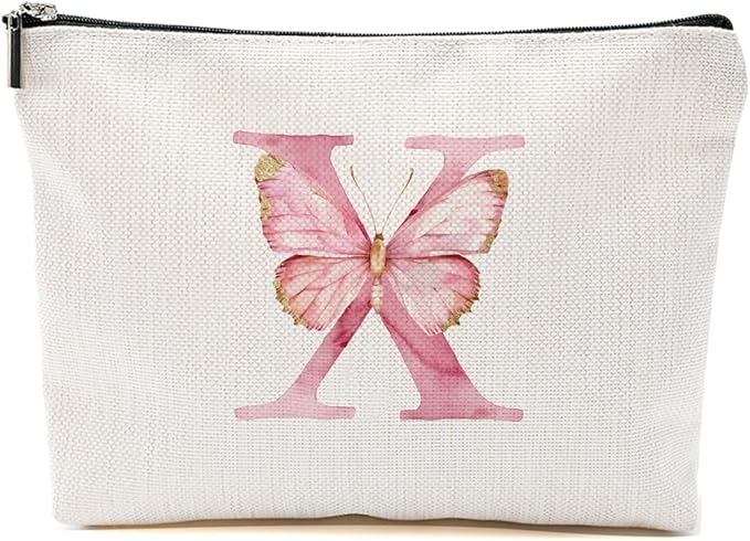 Initial Makeup Bag Pink Butterfly X Personalized Cosmetic Bag Monogrammed Gifts for Women Girls Her Bridesmaid Monogram Zipper Pouch for Friendship Mothers Day Birthday Wedding Bridal Shower Gifts