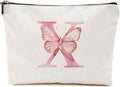 Initial Makeup Bag Pink Butterfly X Personalized Cosmetic Bag Monogrammed Gifts for Women Girls Her Bridesmaid Monogram Zipper Pouch for Friendship Mothers Day Birthday Wedding Bridal Shower Gifts