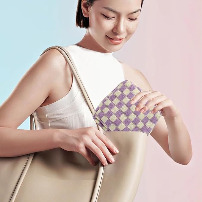 Small Purple Makeup Bag for Purse, Mini Checkered Cosmetic Bag Zipper Cute Make Up Pouch Travel Toiletry Bag Quilted Aesthetic Accessories Makeup Storage Bag Organizer for Women Girls