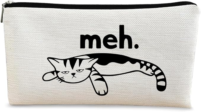 Cat Meh Makeup Bag - Funny Sarcastic Cosmetic Zipper Travel Toiletry Bag for Cat Lovers, Teen Girls, Women Idea
