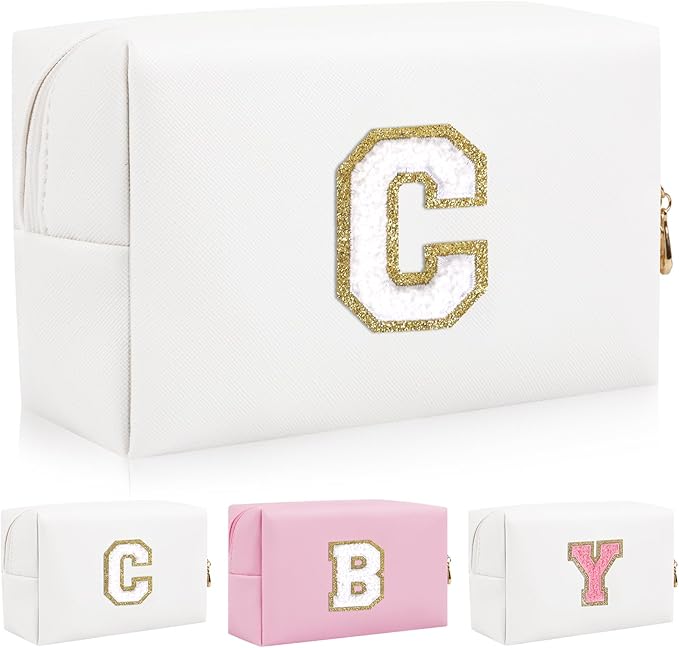 Personalized Initial Letter Patch Makeup Bag, Preppy Portable Chenille Letter Cosmetic Bag with Zipper, PU Leather Waterproof Travel Toiletry Bag Monogram Make Up Pouch for Women Girls(Letter C)