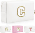 Personalized Initial Letter Patch Makeup Bag, Preppy Portable Chenille Letter Cosmetic Bag with Zipper, PU Leather Waterproof Travel Toiletry Bag Monogram Make Up Pouch for Women Girls(Letter C)
