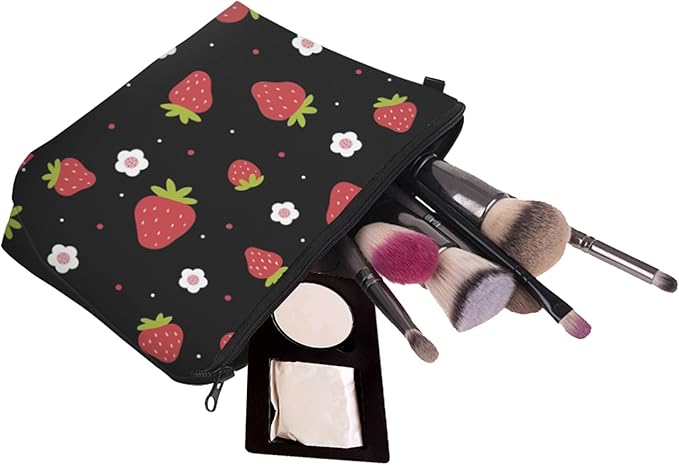 Cute Travel Makeup Bag Cosmetic Bag Small Pouch Gift for Women (Strawberry Black)