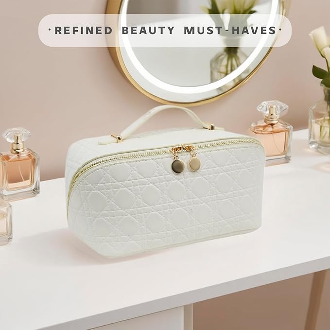 Travel Makeup Bag – Large Cosmetic Organizer with Waterproof PU Leather, Smooth Double Zipper & Tear-Resistant Lining, Toiletry Pouch for Women (White)