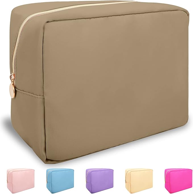 Nylon Large Makeup Bag Travel Pouch for Women, Preppy Big Makeup Bag Cute Cosmetic Zipper Pouch Purse, DIY Chenille Letter Bag Waterproof Toiletry Bag Clutch Make Up Organizer for Women Girls(Khaki)